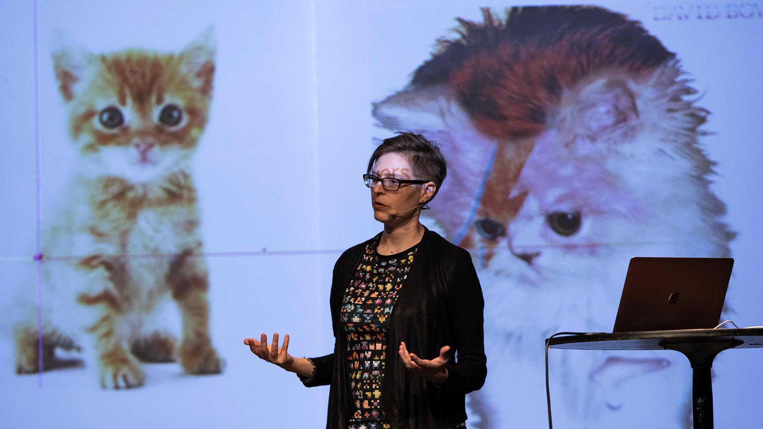 Closeup of Rebecca Fiebrink during her keynote presentation at the International Conference on Live Interfaces (March 10, 2020). Photo by Shreejay Shrestha.