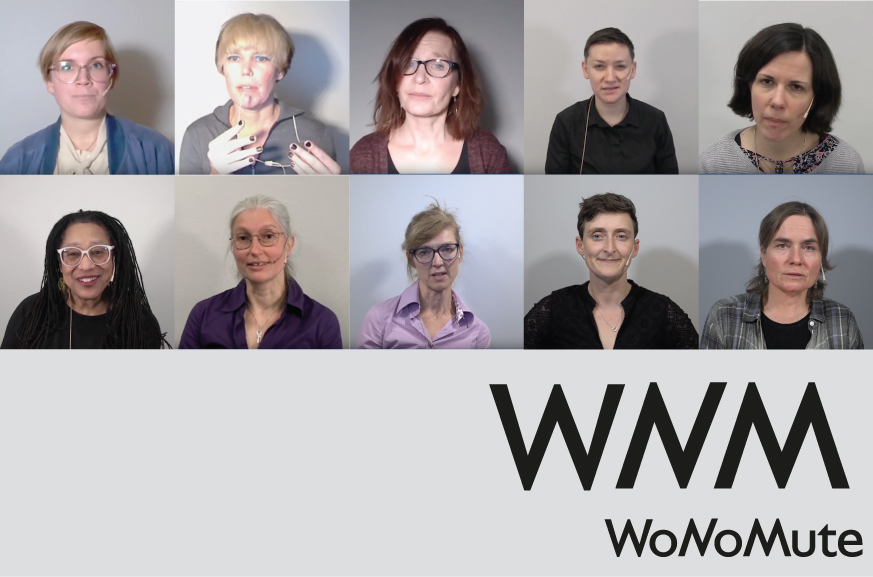 First edition of WoNoMute Seminar Series and Interviews. From left-right top-bottom: Miranda Moen, Alexandra Murray-Leslie, Tone Åse, Tami Gadir, Angela Brennecke, Pamela Z, Sofia Dahl, Natasha Barrett, Liz Dobson, Sølvi Ystad. Logo designed by Robin Mientjes (KOSO).