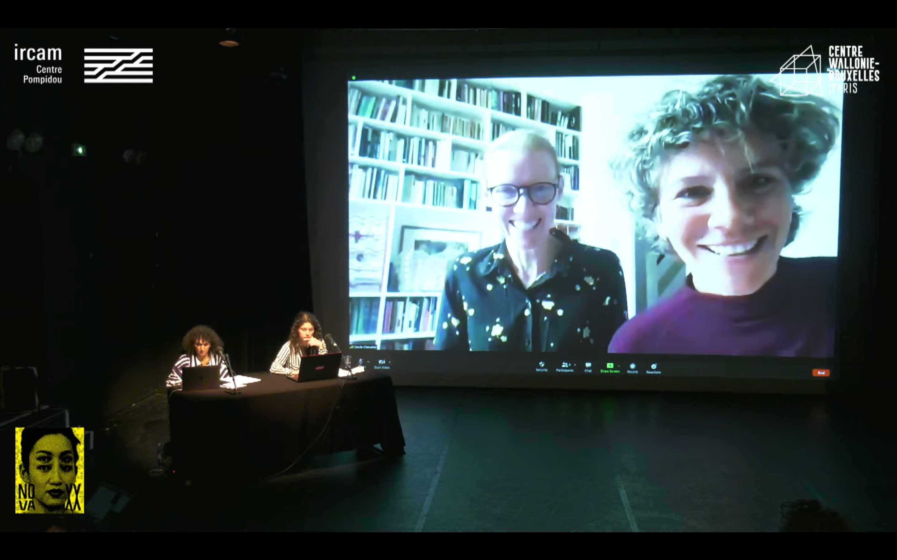 Figure 2. Left by the table: Sarah Fdili Aloui and Karolina Jawad, on screen from left to right Caroline Basset and Cécile Chevalier.