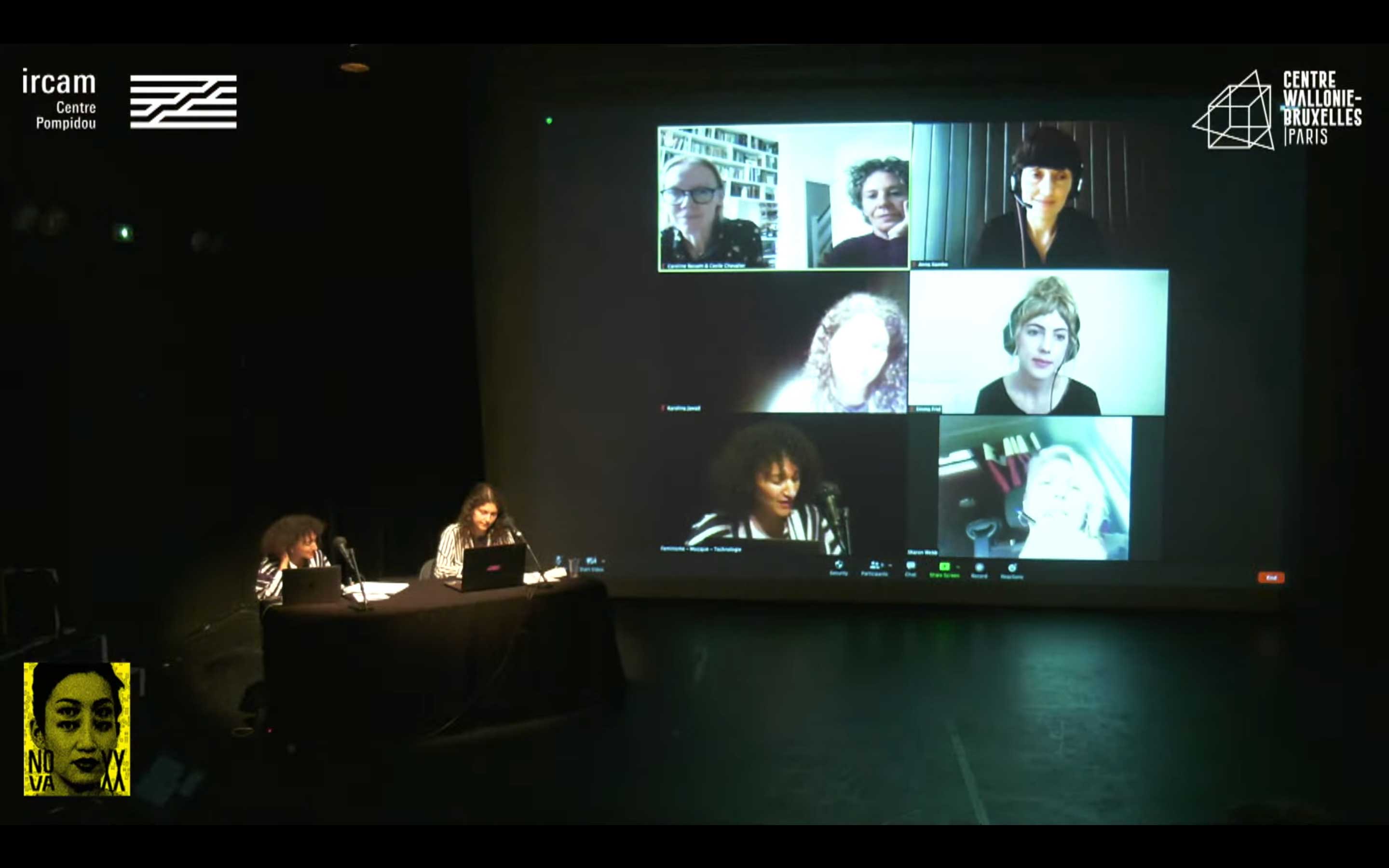 Figure 3. Left by the table with Sarah Fdili Aloui and Karolina Jawad, description of the screen from left to right, top to bottom - Caroline Basset, Cécile Chevalier, Anna Xambó, Emma Frid and Sharon Webb.